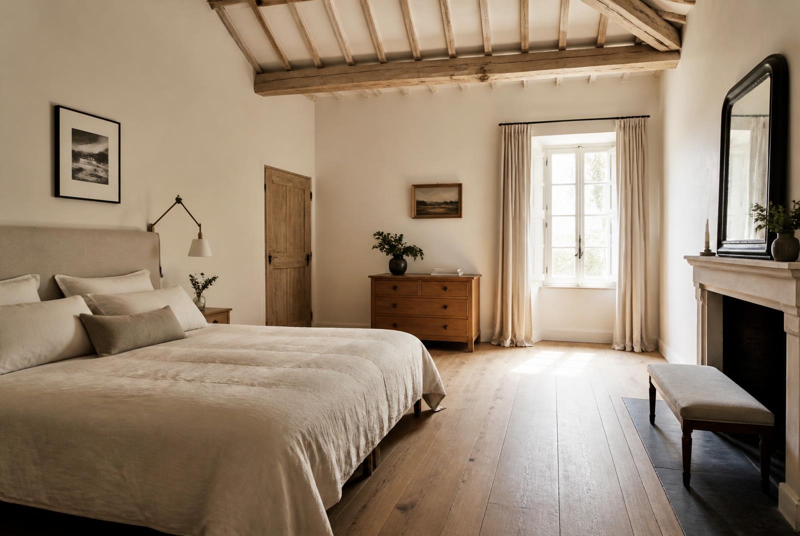 Chambre de maison de campagne française avec parquet chêne et poutres apparentes